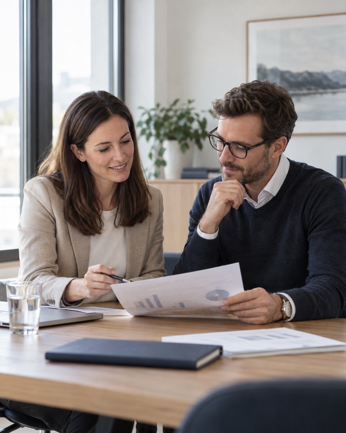 Zwei Fachleute besprechen gemeinsam Finanzunterlagen.